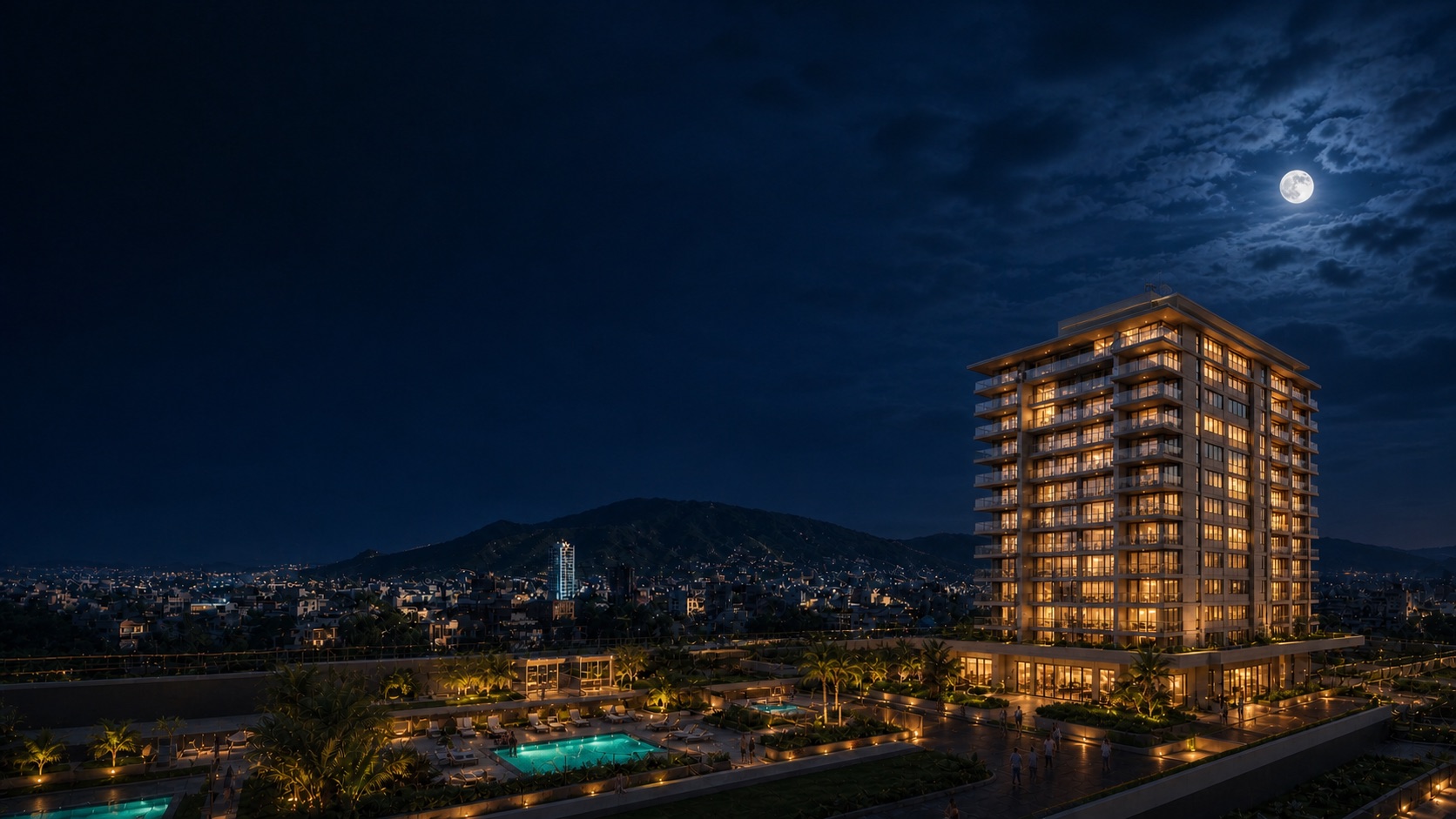 Torre residencial terminada e iluminada en Cali, con piscina y residentes